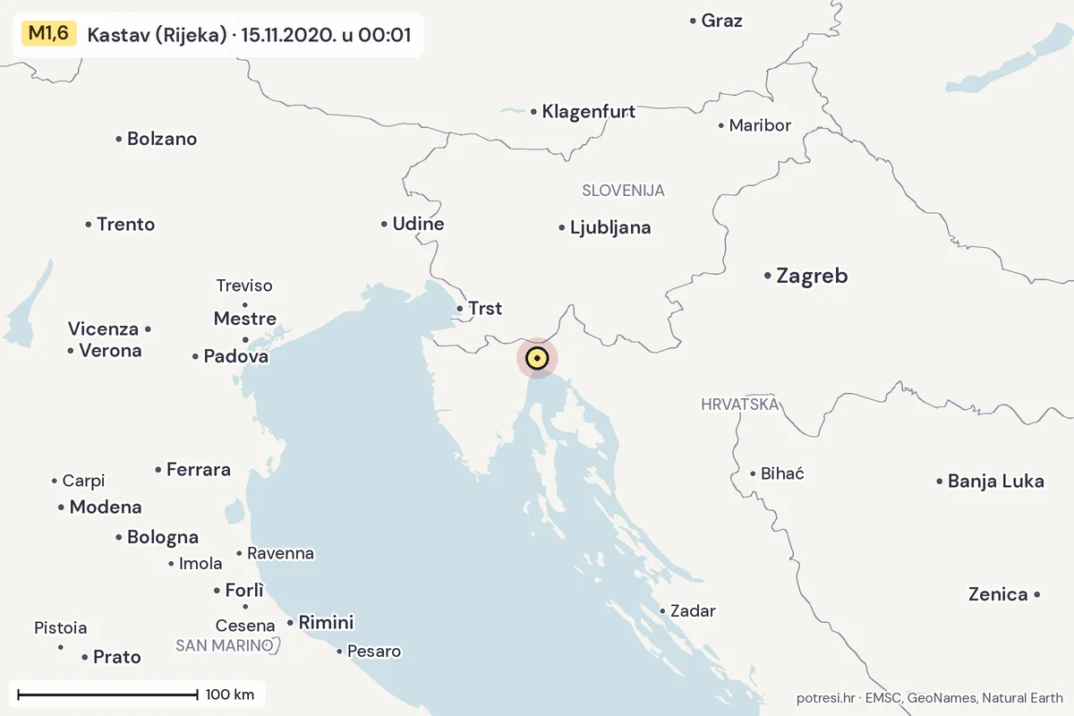 Karta: šire područje, 600 km, potres M1,6, Kastav (Rijeka), 15.11.2020.