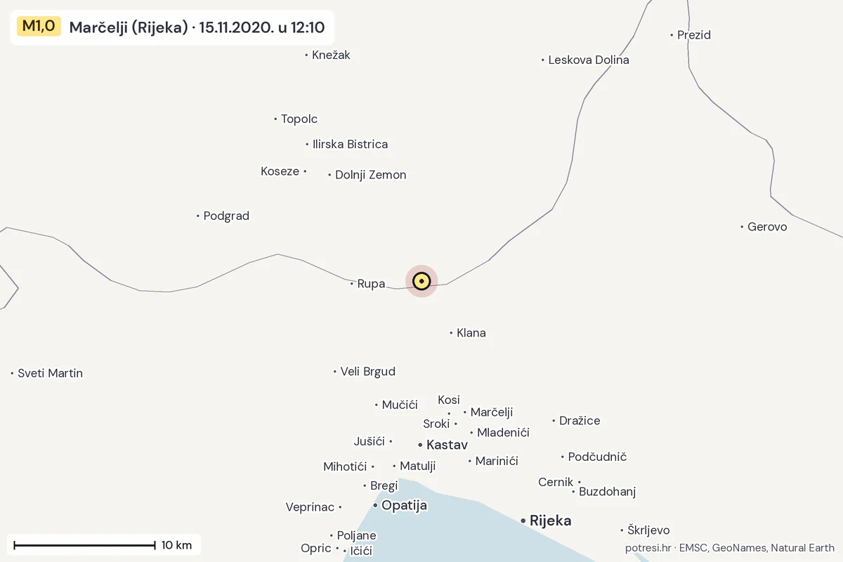 Karta: okolica epicentra, 60 km, potres M1,0, Marčelji (Rijeka), 15.11.2020.