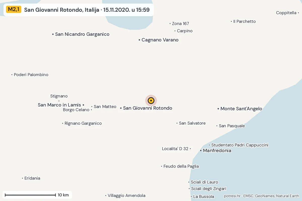 Karta: okolica epicentra, 60 km, potres M2,1, San Giovanni Rotondo, Italija, 15.11.2020.