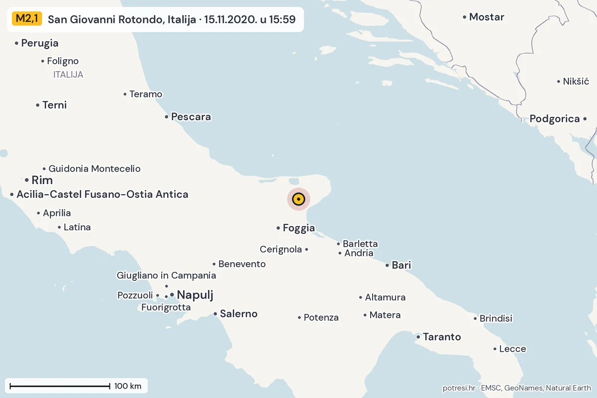 Karta: šire područje, 600 km, potres M2,1, San Giovanni Rotondo, Italija, 15.11.2020.