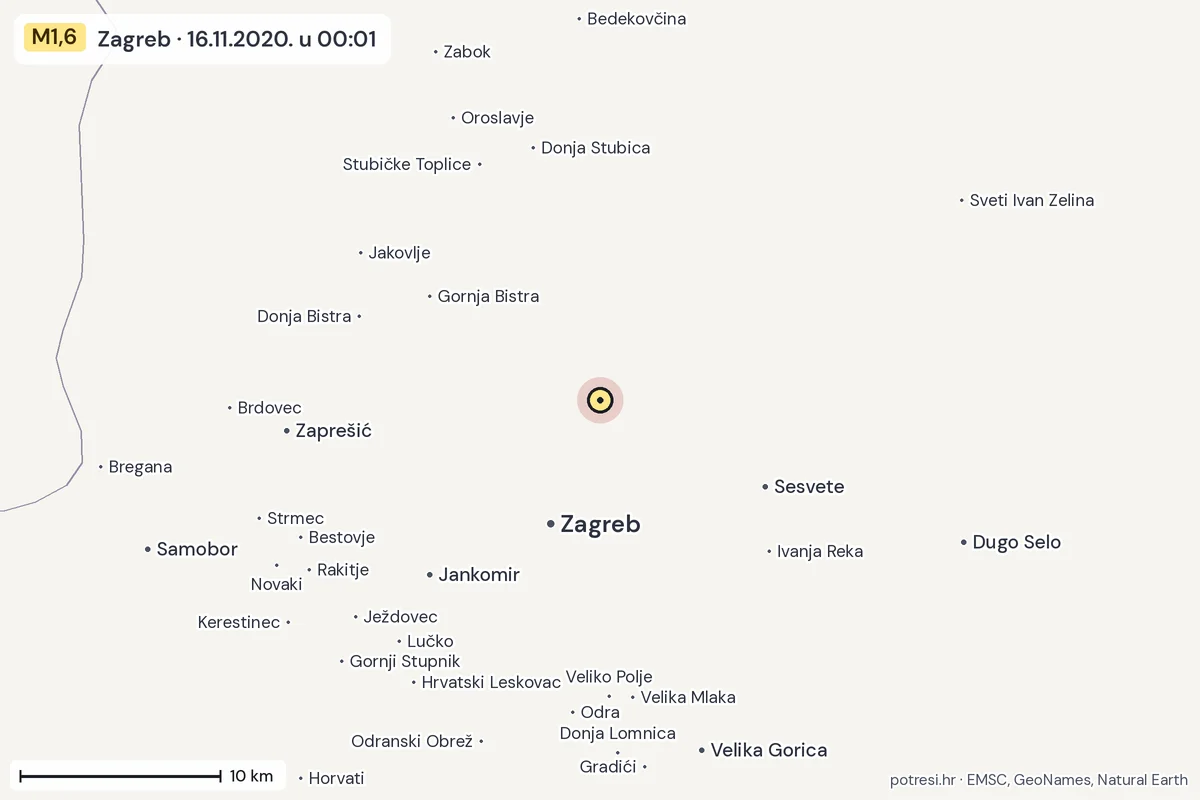 Karta: okolica epicentra, 60 km, potres M1,6, Zagreb, 16.11.2020.