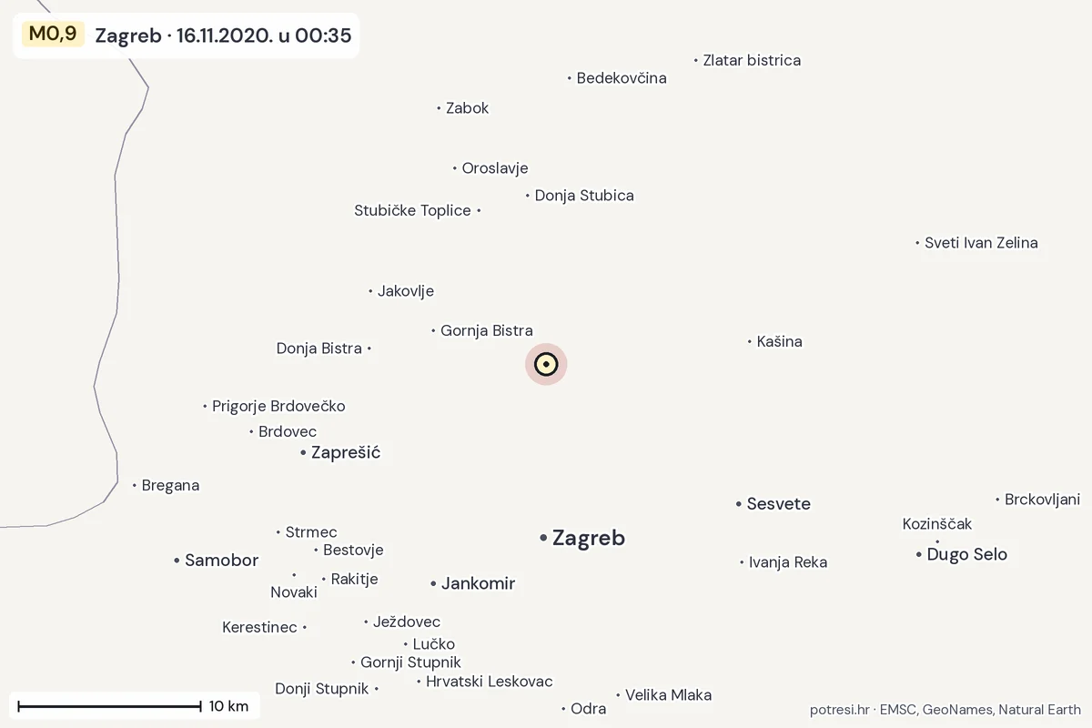 Karta: okolica epicentra, 60 km, potres M0,9, Zagreb, 16.11.2020.