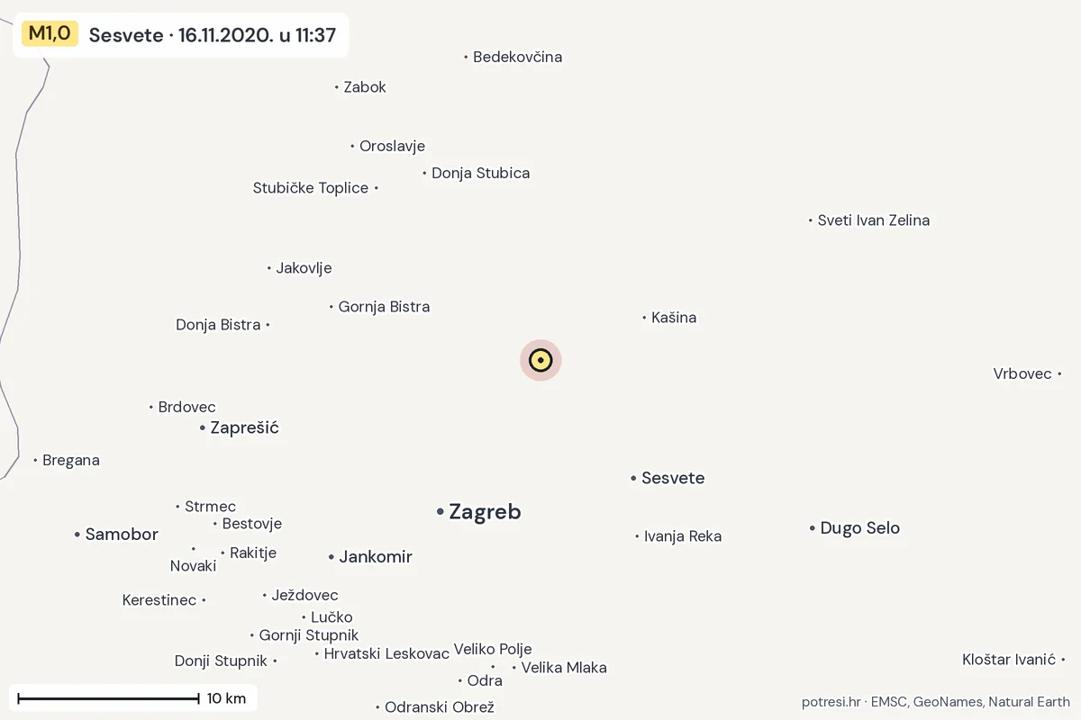 Karta: okolica epicentra, 60 km, potres M1,0, Sesvete, 16.11.2020.