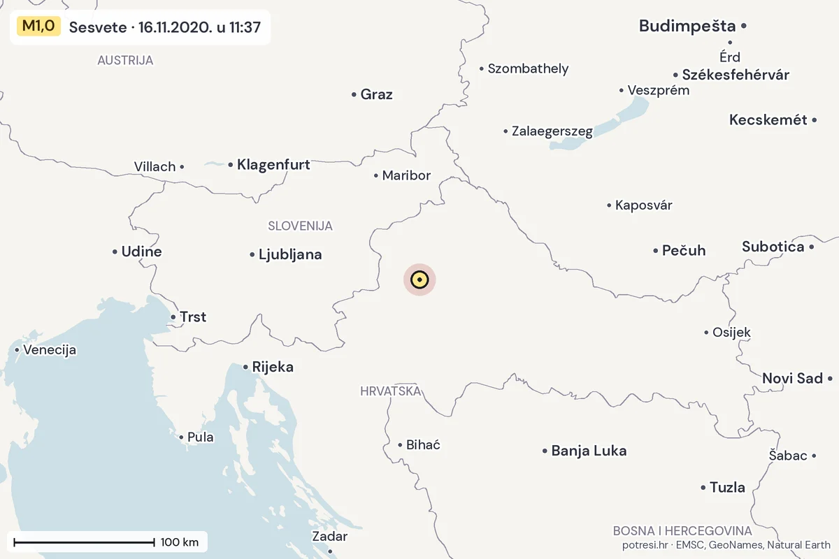 Karta: šire područje, 600 km, potres M1,0, Sesvete, 16.11.2020.