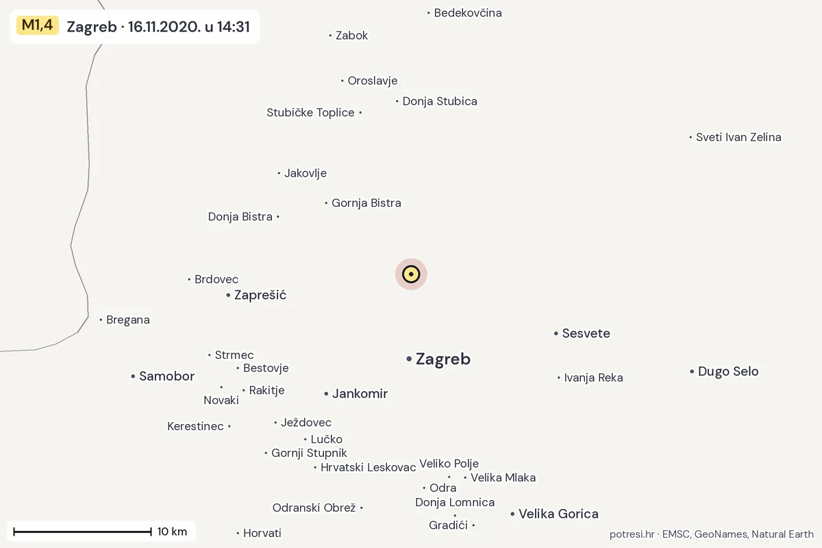 Karta: okolica epicentra, 60 km, potres M1,4, Zagreb, 16.11.2020.