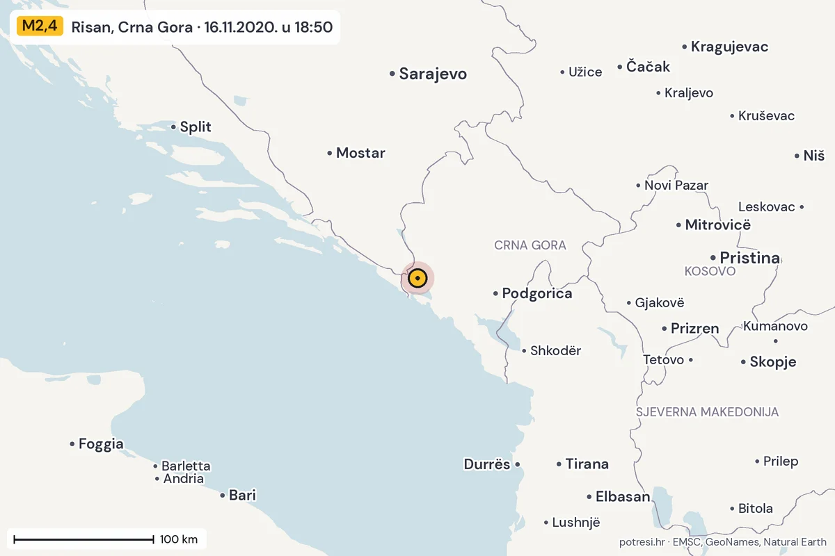 Karta: šire područje, 600 km, potres M2,4, Risan, Crna Gora, 16.11.2020.
