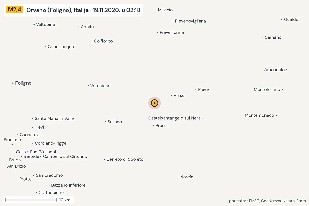 Karta: okolica epicentra, 60 km, potres M2,4, Orvano (Foligno), Italija, 19.11.2020.