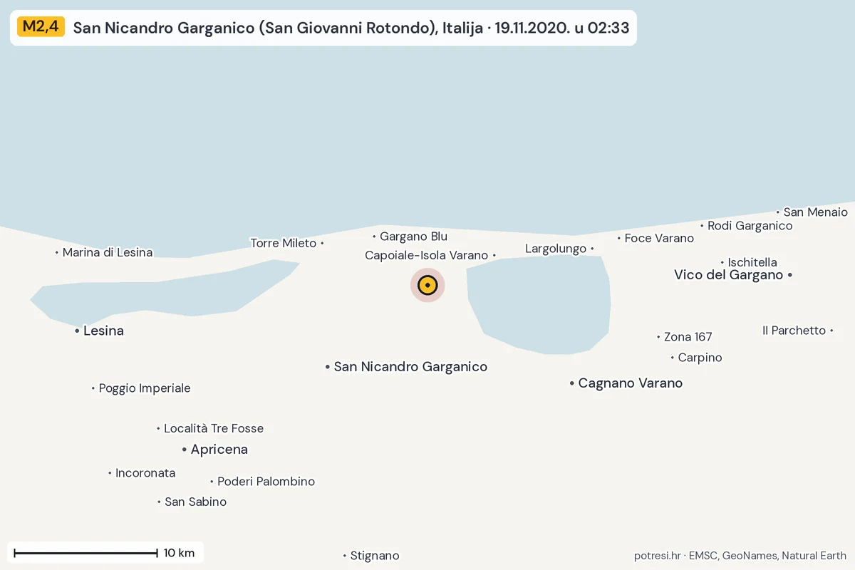 Karta: okolica epicentra, 60 km, potres M2,4, San Nicandro Garganico (San Giovanni Rotondo), Italija, 19.11.2020.
