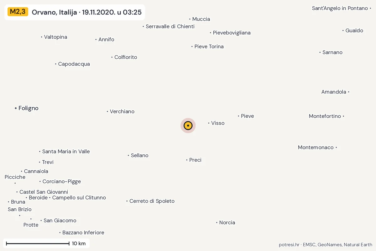 Karta: okolica epicentra, 60 km, potres M2,3, Orvano, Italija, 19.11.2020.