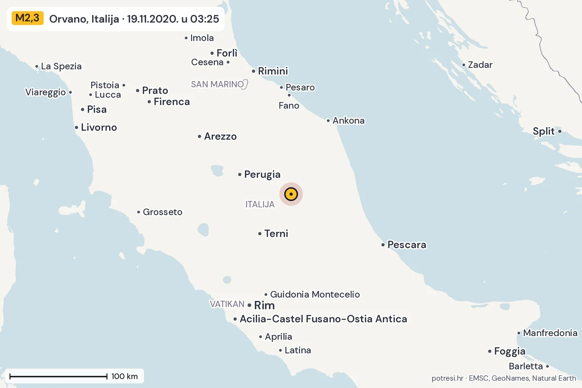 Karta: šire područje, 600 km, potres M2,3, Orvano, Italija, 19.11.2020.