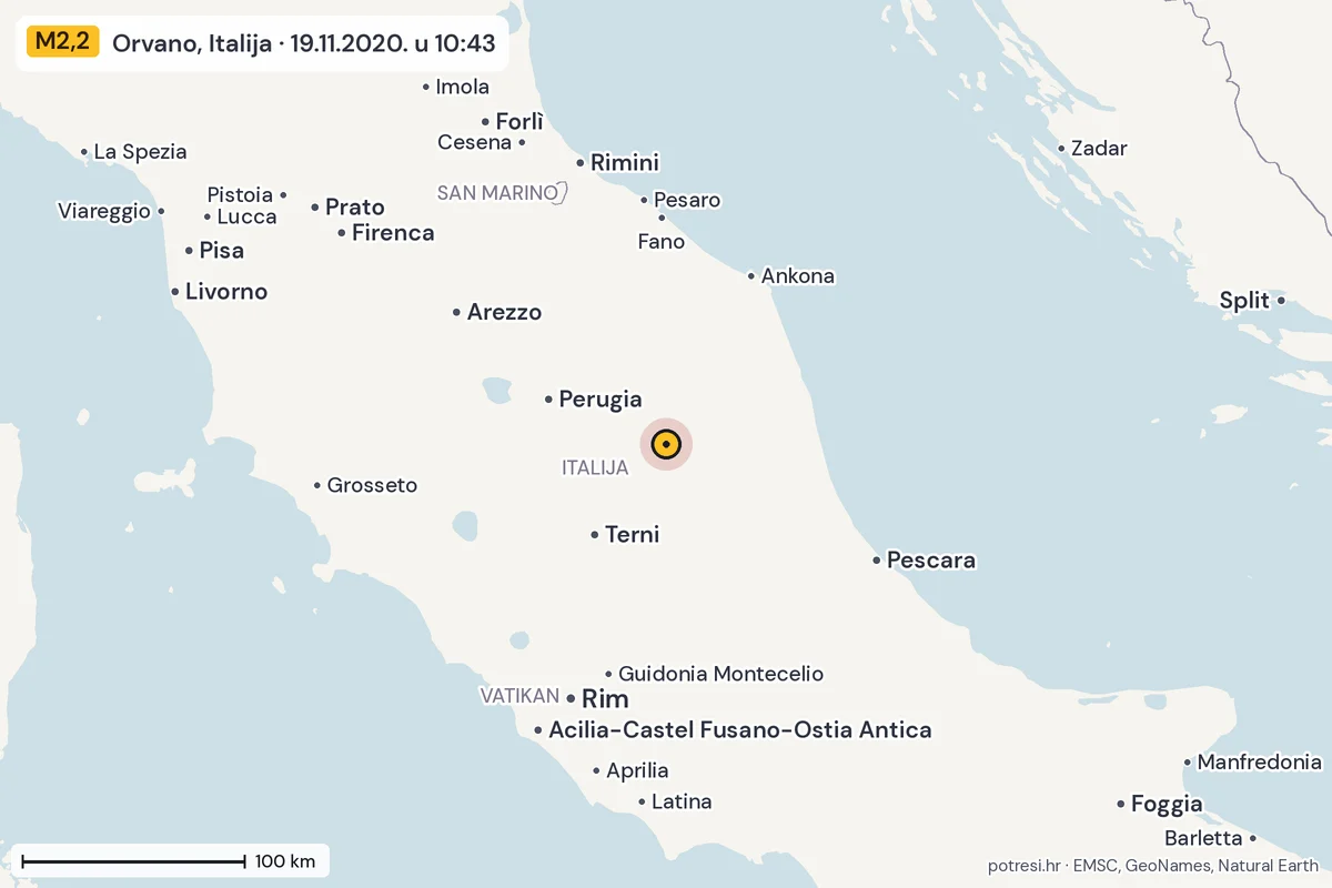 Karta: šire područje, 600 km, potres M2,2, Orvano, Italija, 19.11.2020.