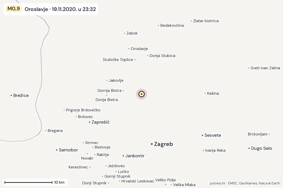 Karta: okolica epicentra, 60 km, potres M0,9, Oroslavje, 19.11.2020.