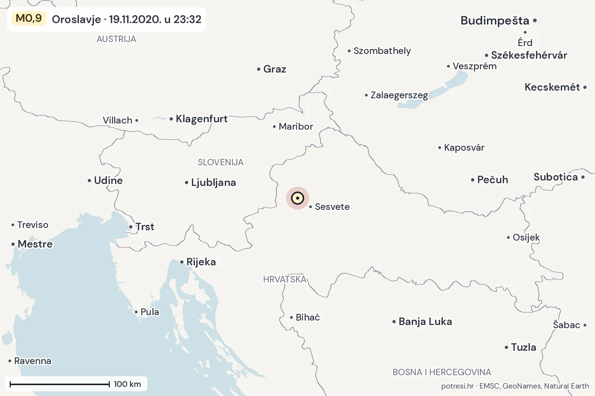 Karta: šire područje, 600 km, potres M0,9, Oroslavje, 19.11.2020.