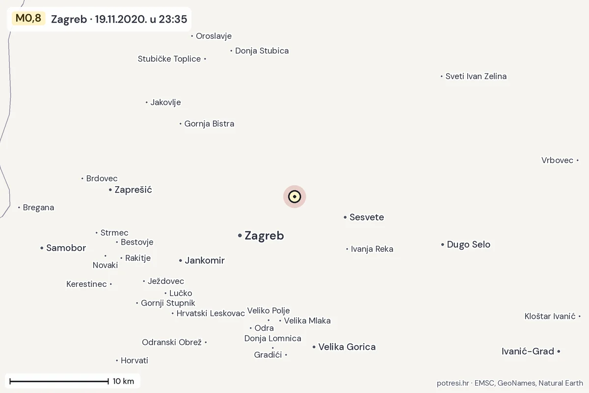 Karta: okolica epicentra, 60 km, potres M0,8, Zagreb, 19.11.2020.