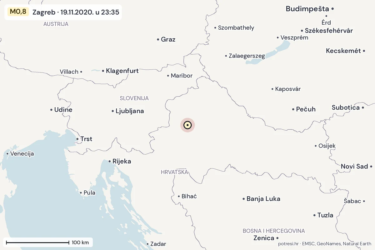 Karta: šire područje, 600 km, potres M0,8, Zagreb, 19.11.2020.