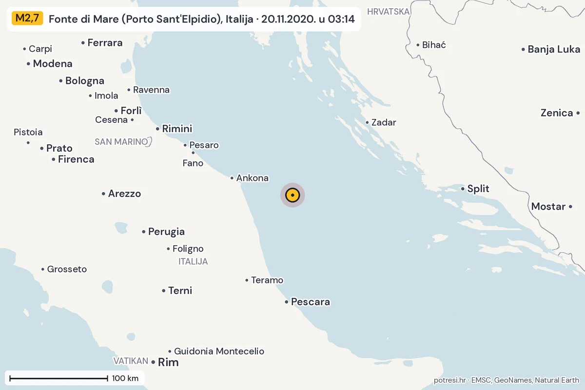 Karta: šire područje, 600 km, potres M2,7, Fonte di Mare (Porto Sant'Elpidio), Italija, 20.11.2020.