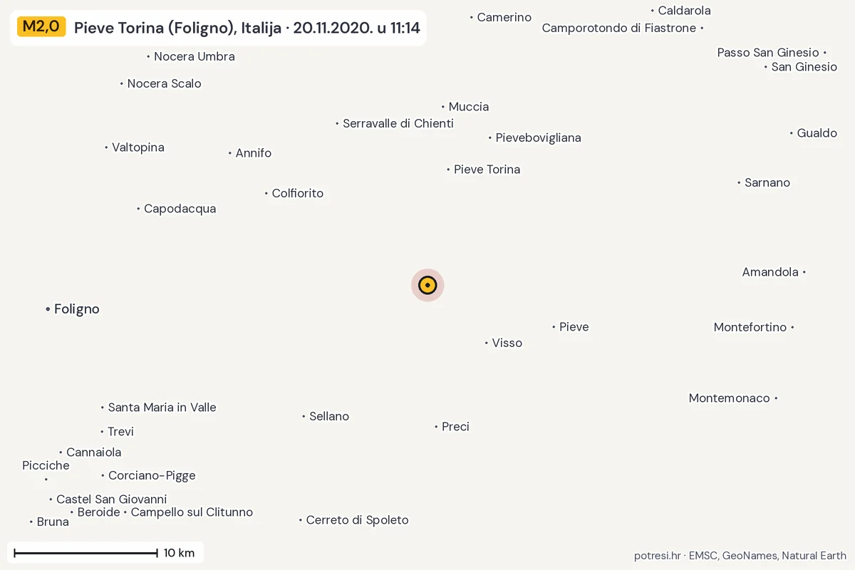 Karta: okolica epicentra, 60 km, potres M2,0, Pieve Torina (Foligno), Italija, 20.11.2020.