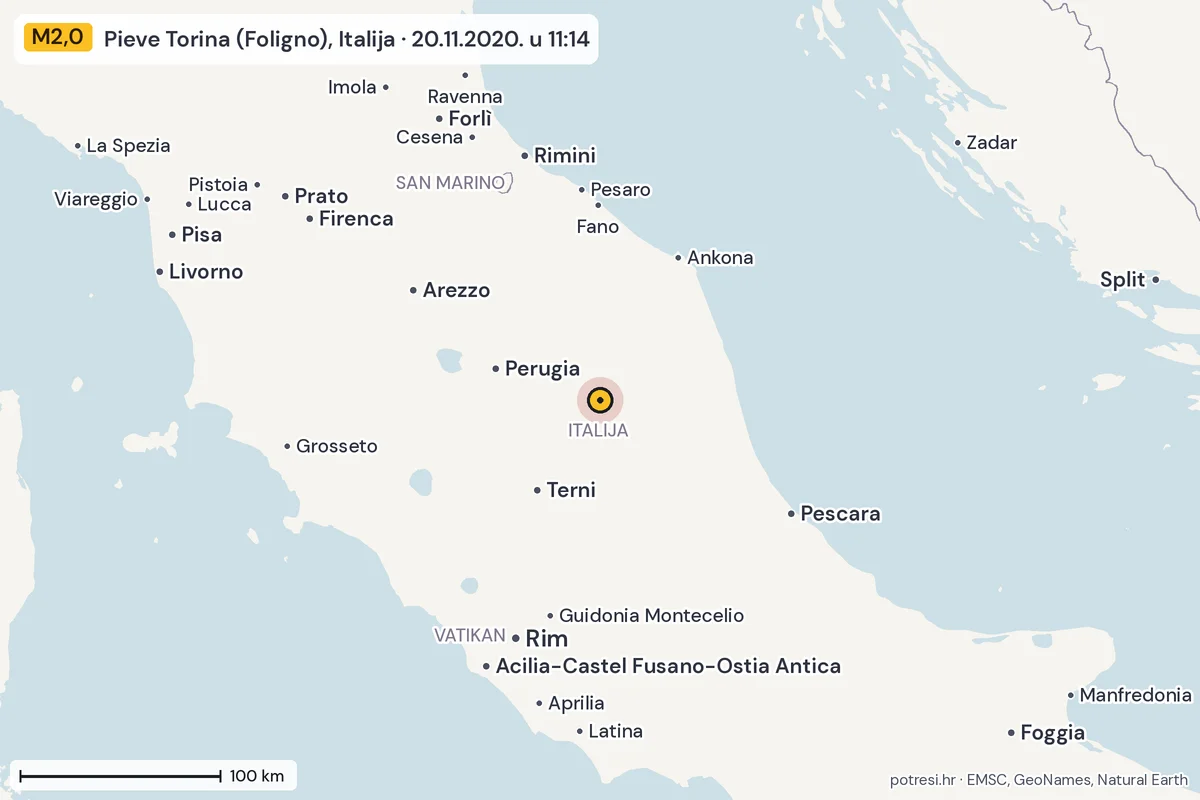Karta: šire područje, 600 km, potres M2,0, Pieve Torina (Foligno), Italija, 20.11.2020.