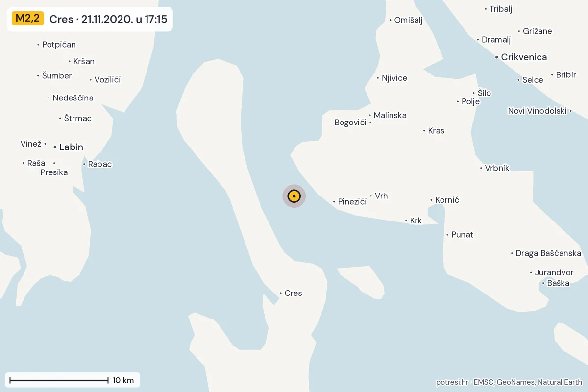 Karta: okolica epicentra, 60 km, potres M2,2, Cres, 21.11.2020.