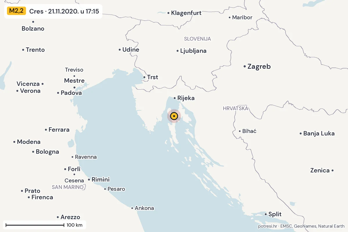 Karta: šire područje, 600 km, potres M2,2, Cres, 21.11.2020.