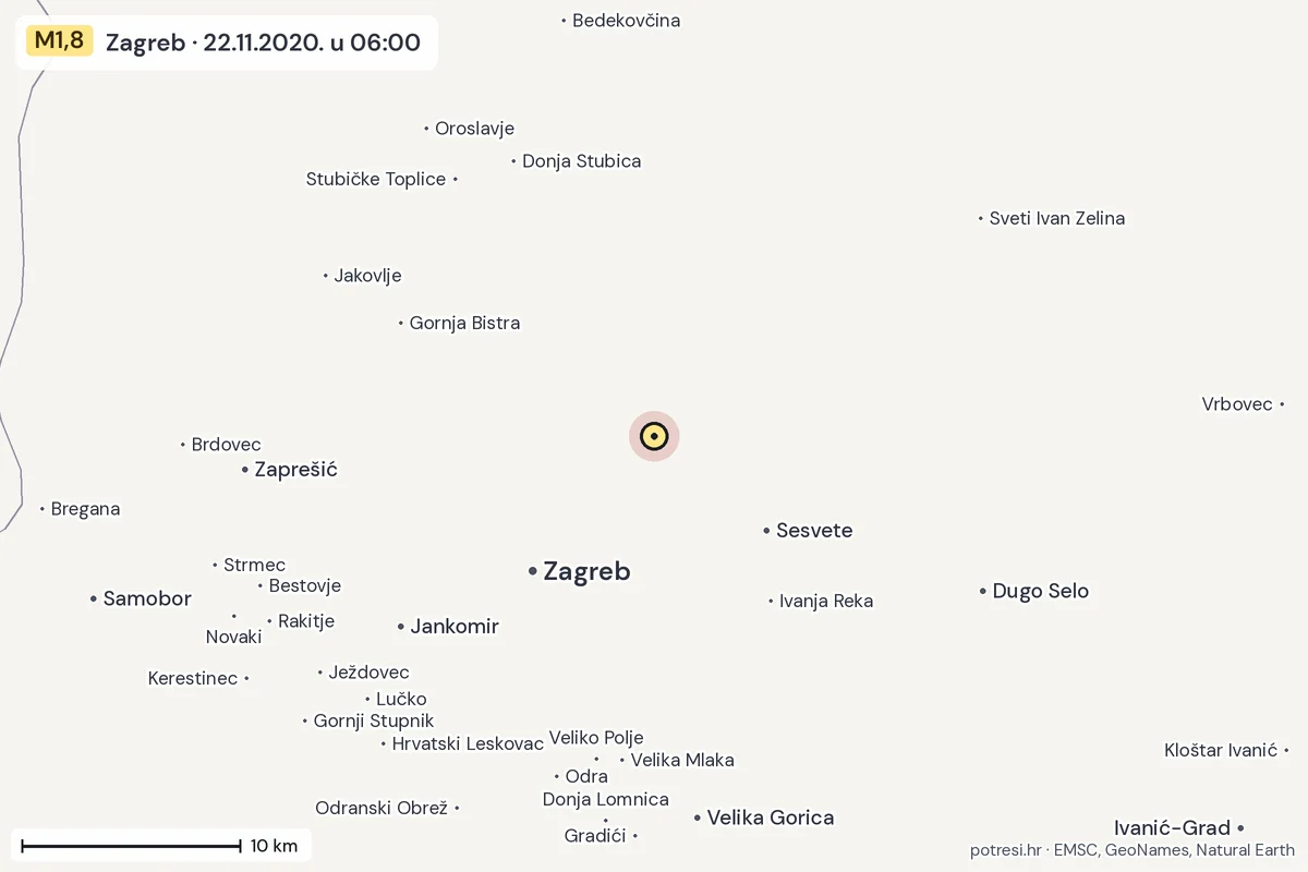 Karta: okolica epicentra, 60 km, potres M1,8, Zagreb, 22.11.2020.
