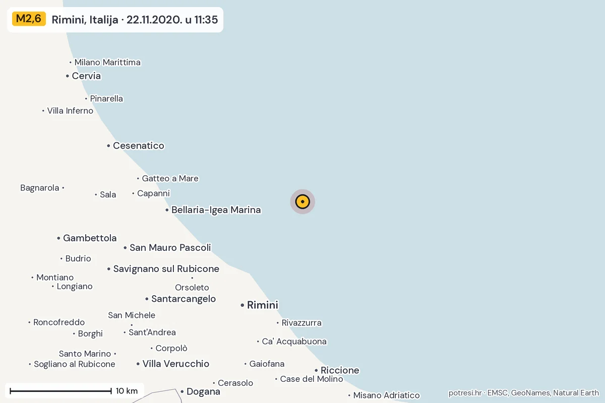 Karta: okolica epicentra, 60 km, potres M2,6, Rimini, Italija, 22.11.2020.