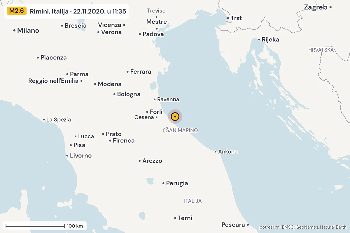 Karta: šire područje, 600 km, potres M2,6, Rimini, Italija, 22.11.2020.