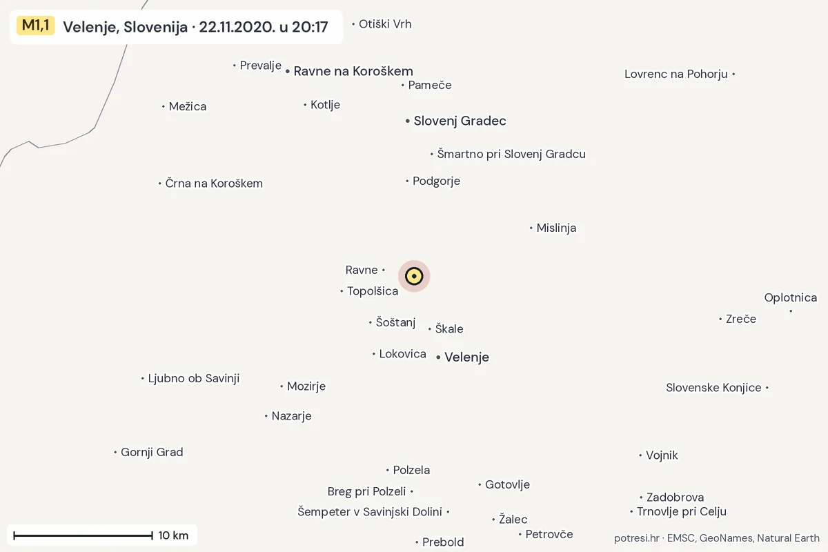 Karta: okolica epicentra, 60 km, potres M1,1, Velenje, Slovenija, 22.11.2020.