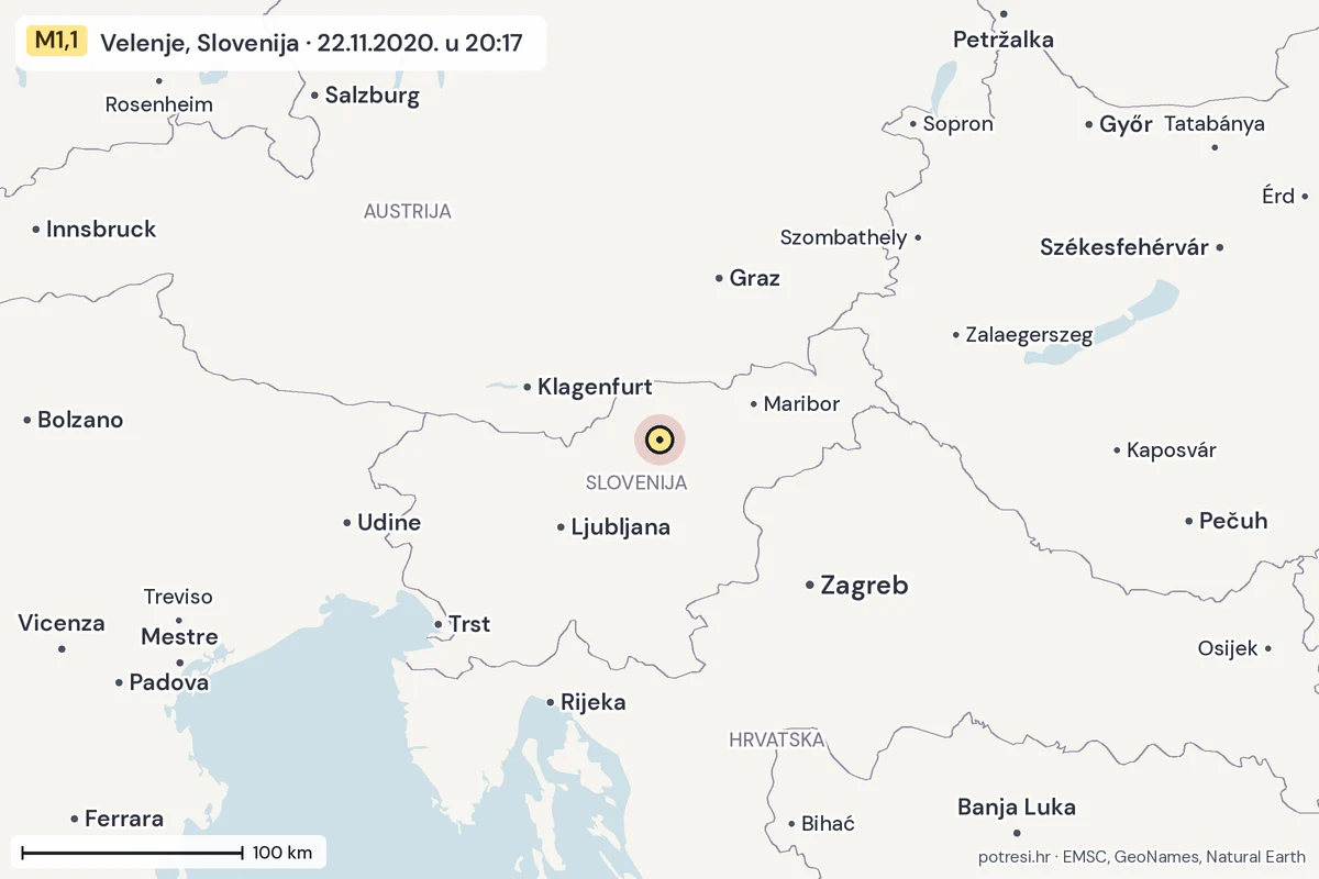 Karta: šire područje, 600 km, potres M1,1, Velenje, Slovenija, 22.11.2020.