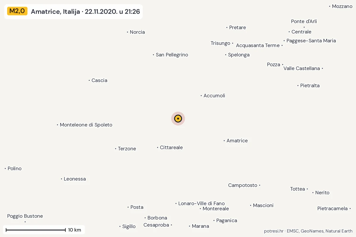 Karta: okolica epicentra, 60 km, potres M2,0, Amatrice, Italija, 22.11.2020.