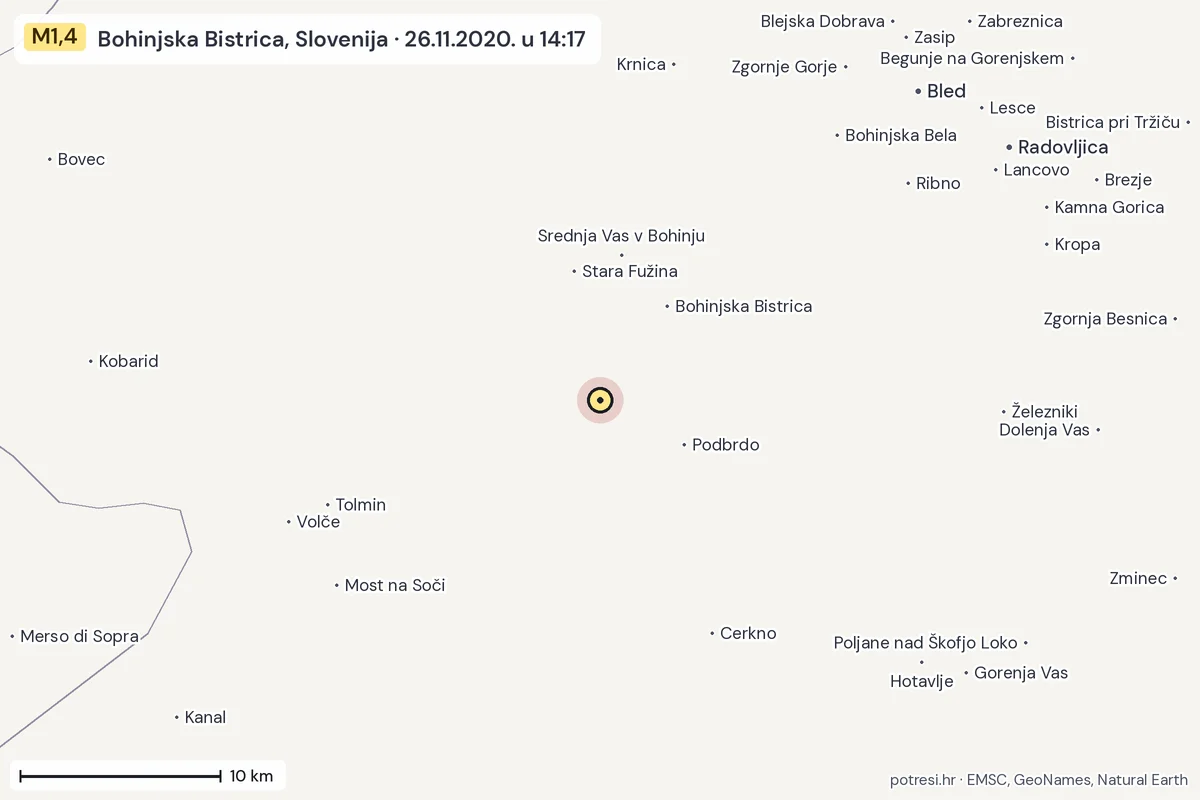 Karta: okolica epicentra, 60 km, potres M1,4, Bohinjska Bistrica, Slovenija, 26.11.2020.