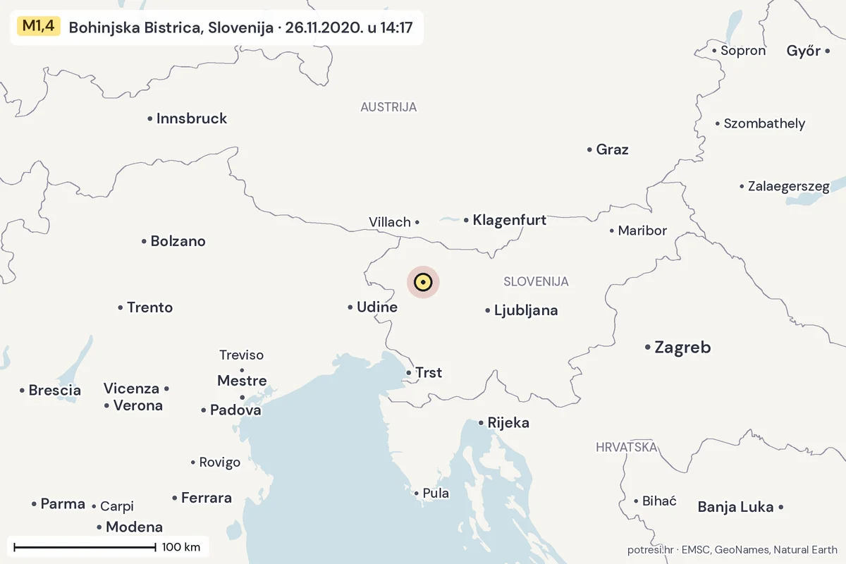 Karta: šire područje, 600 km, potres M1,4, Bohinjska Bistrica, Slovenija, 26.11.2020.