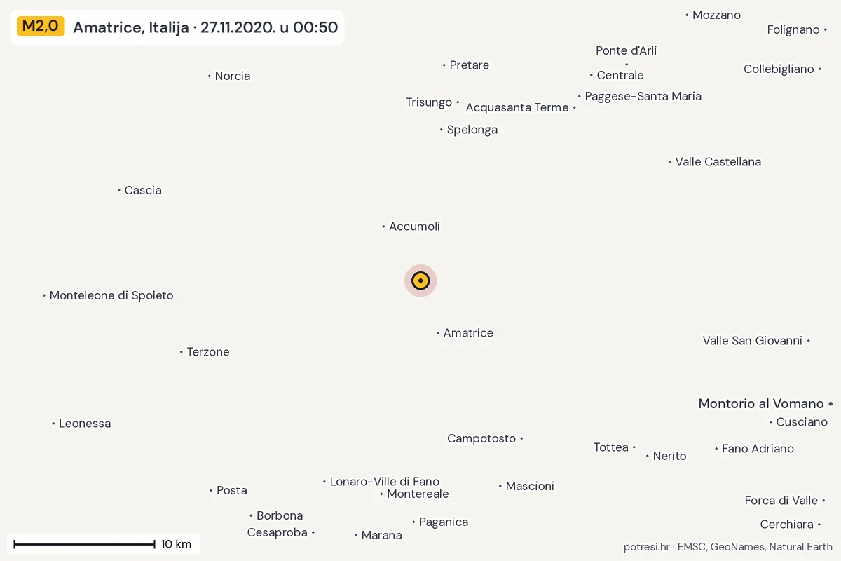 Karta: okolica epicentra, 60 km, potres M2,0, Amatrice, Italija, 27.11.2020.