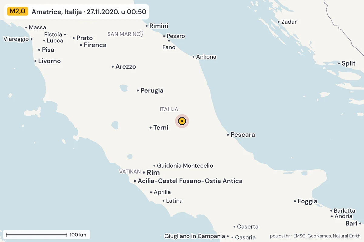 Karta: šire područje, 600 km, potres M2,0, Amatrice, Italija, 27.11.2020.