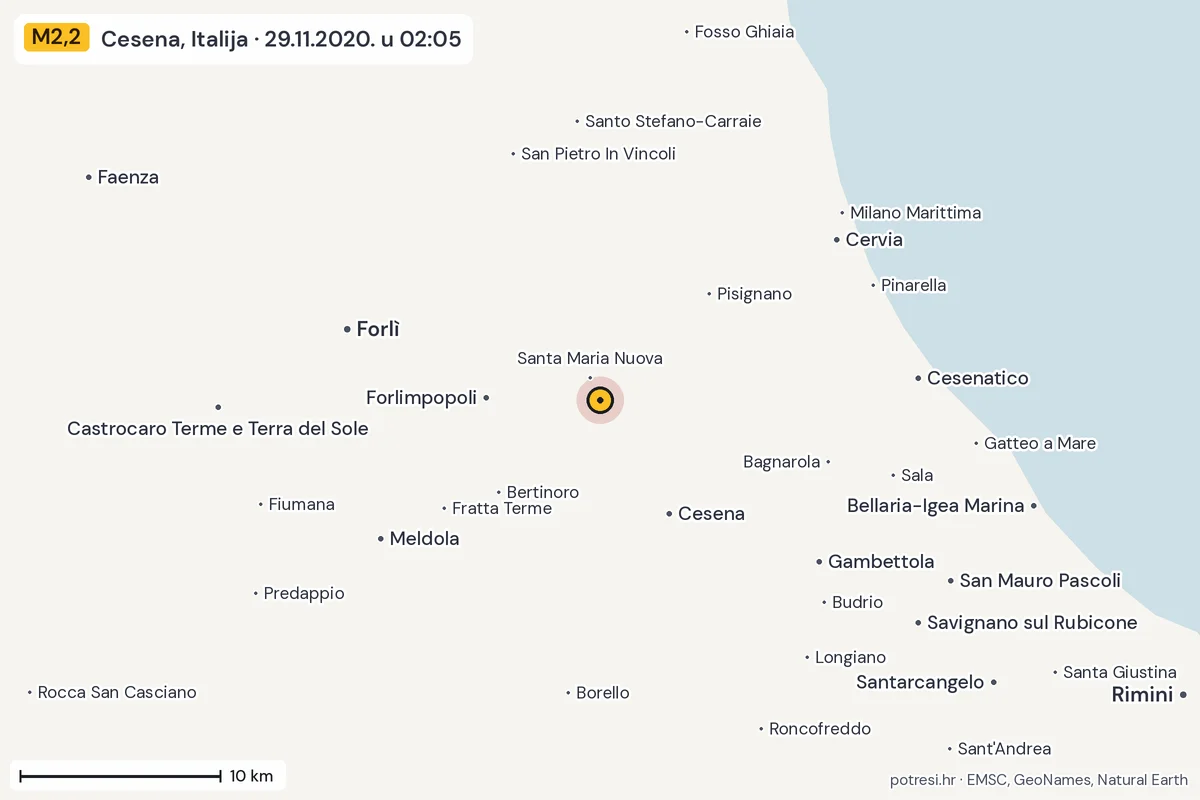Karta: okolica epicentra, 60 km, potres M2,2, Cesena, Italija, 29.11.2020.