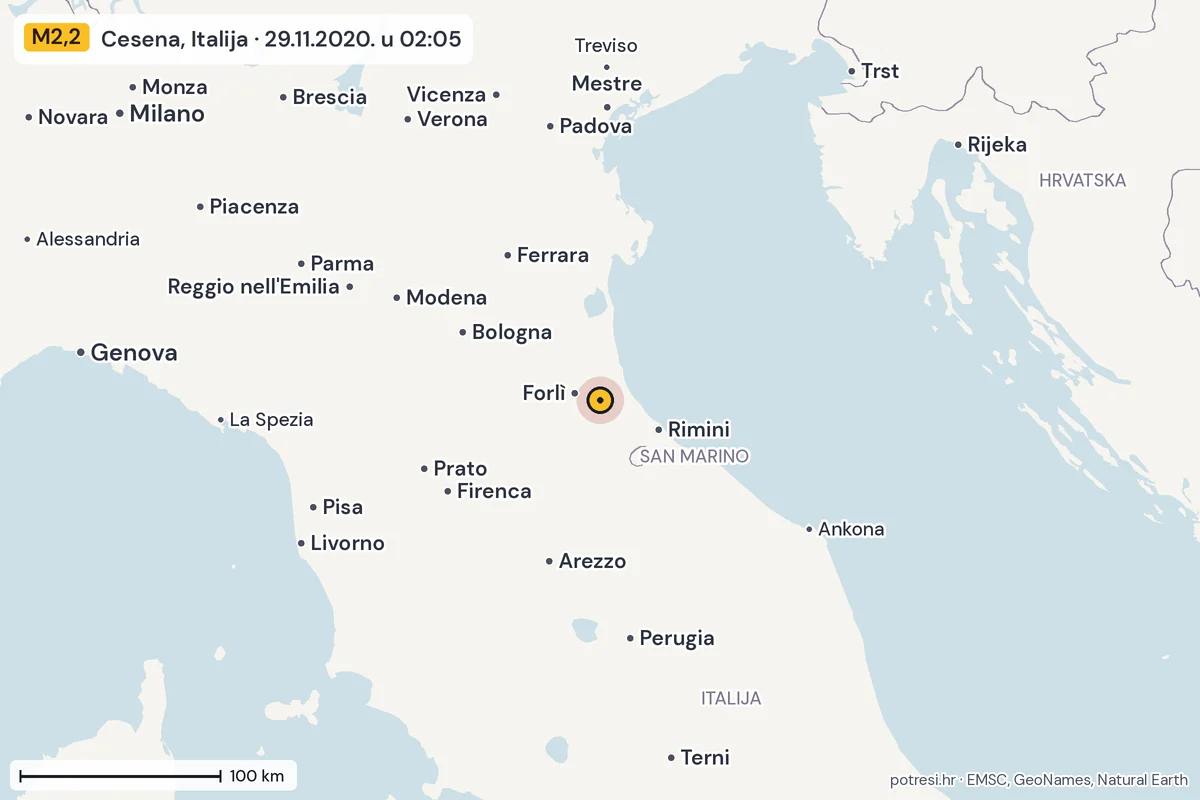 Karta: šire područje, 600 km, potres M2,2, Cesena, Italija, 29.11.2020.