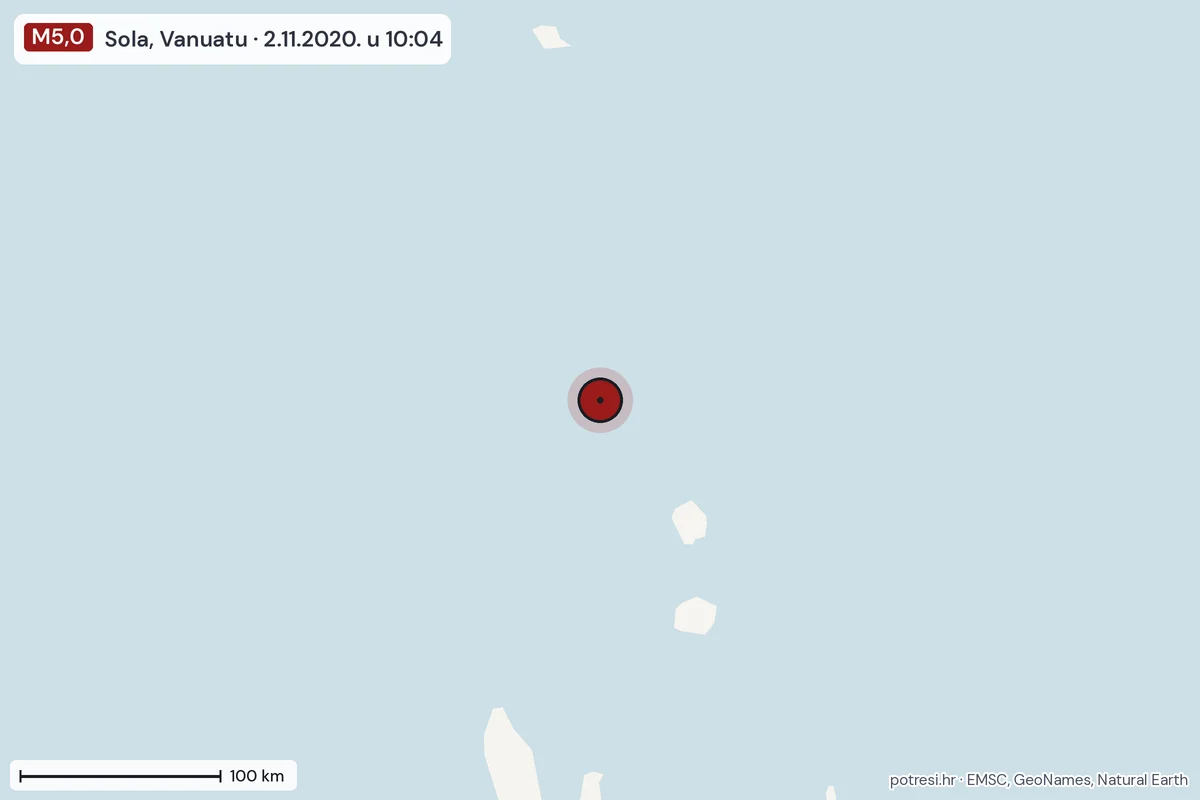 Karta: šire područje, 600 km, potres M5,0, Sola, Vanuatu, 2.11.2020.