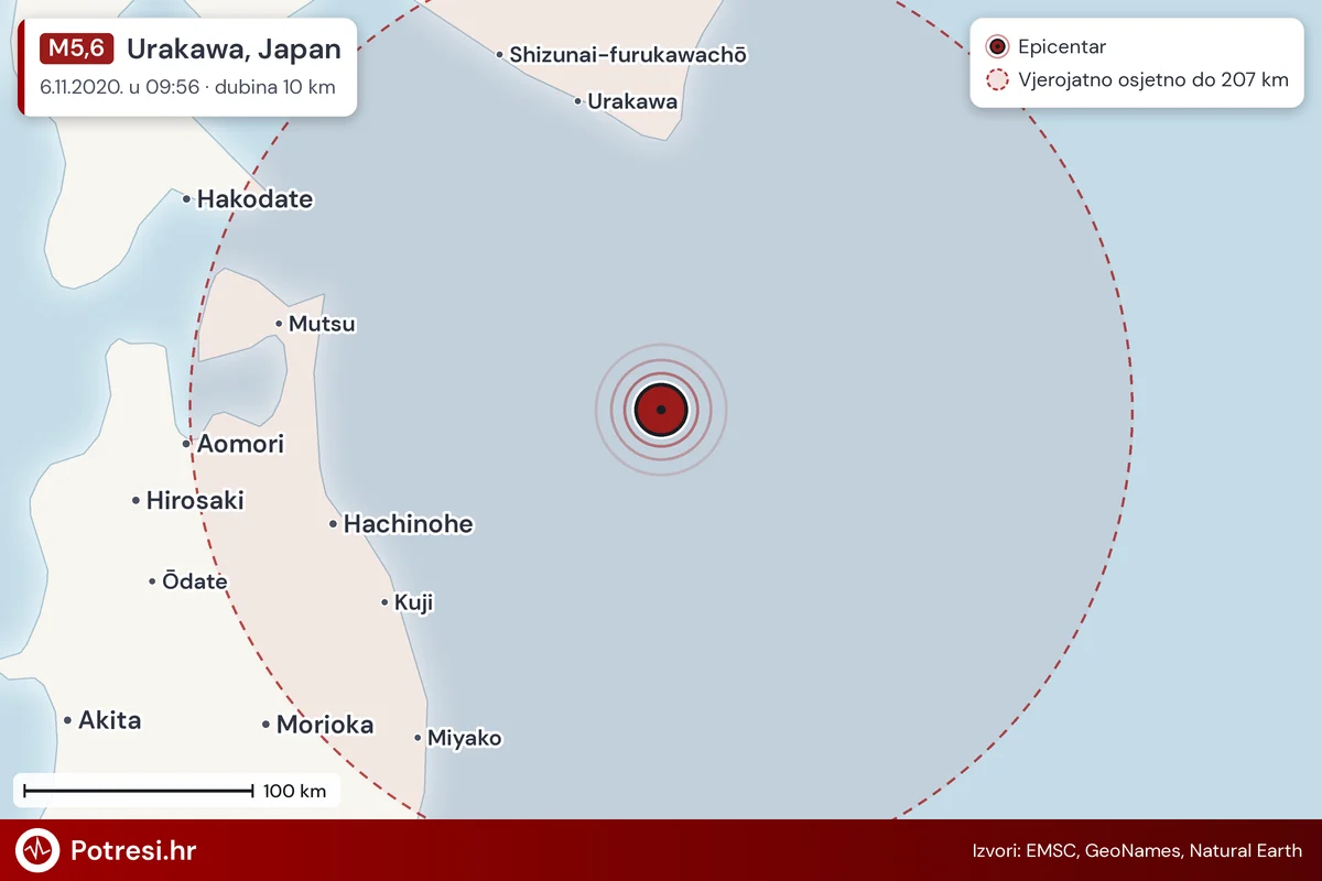 Karta: šire područje i vjerojatni doseg osjeta, potres M5,6, Urakawa, Japan, 6.11.2020.