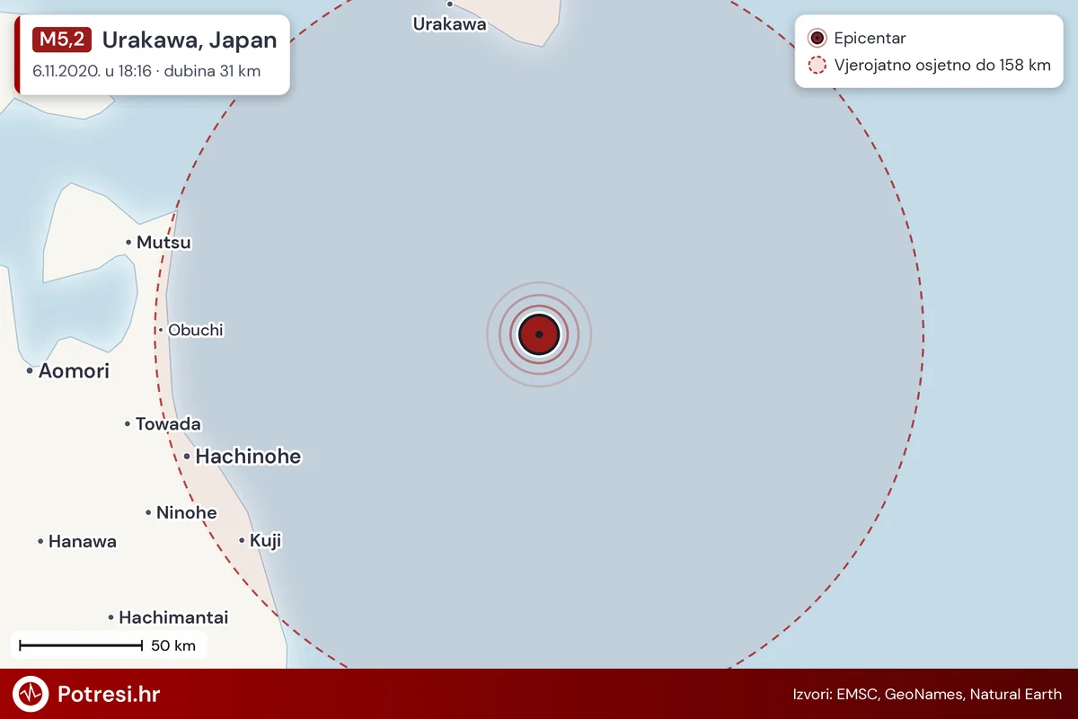 Karta: šire područje i vjerojatni doseg osjeta, potres M5,2, Urakawa, Japan, 6.11.2020.
