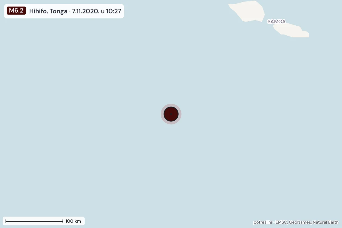 Karta: šire područje, 600 km, potres M6,2, Hihifo, Tonga, 7.11.2020.