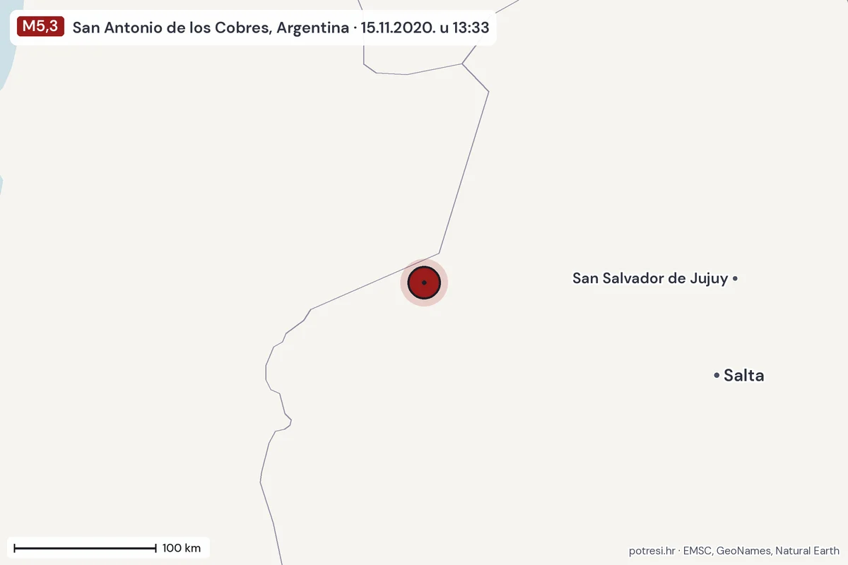 Karta: šire područje, 600 km, potres M5,3, San Antonio de los Cobres, Argentina, 15.11.2020.