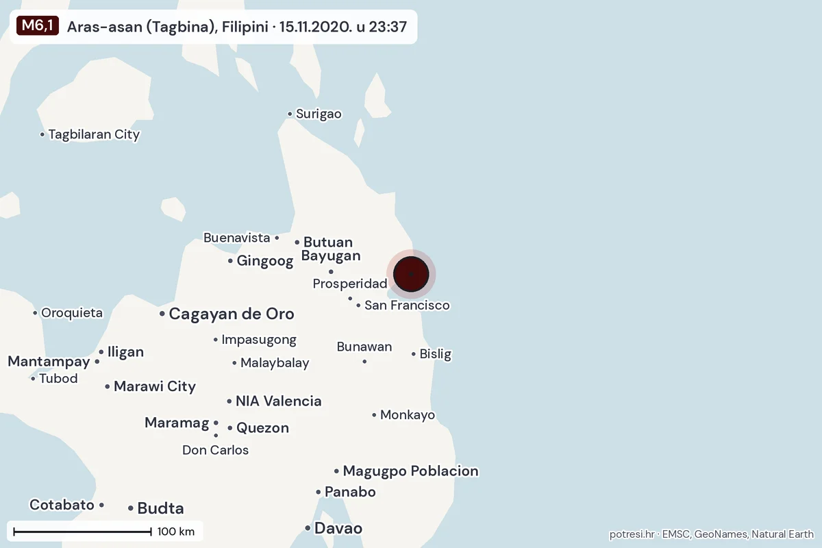 Karta: šire područje, 600 km, potres M6,1, Aras-asan (Tagbina), Filipini, 15.11.2020.