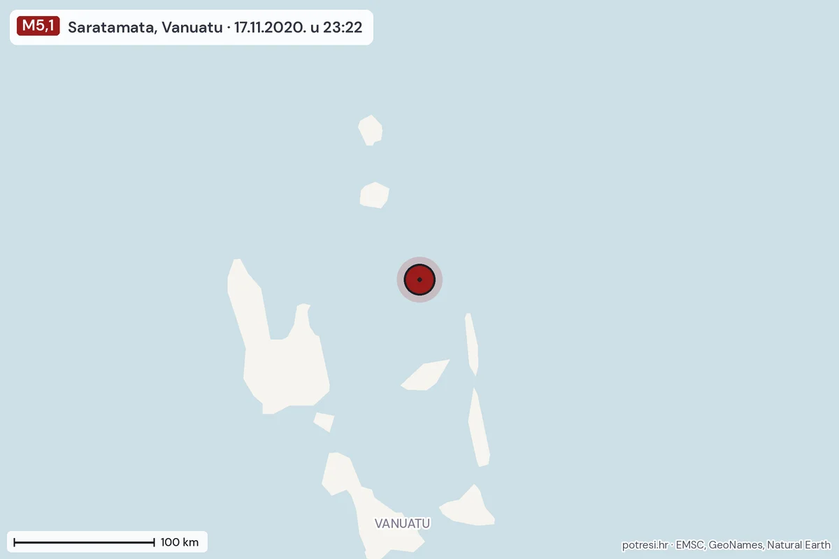 Karta: šire područje, 600 km, potres M5,1, Saratamata, Vanuatu, 17.11.2020.