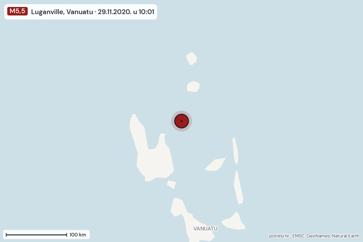 Karta: šire područje, 600 km, potres M5,5, Luganville, Vanuatu, 29.11.2020.
