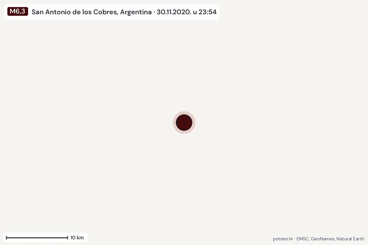Karta: okolica epicentra, 60 km, potres M6,3, San Antonio de los Cobres, Argentina, 30.11.2020.