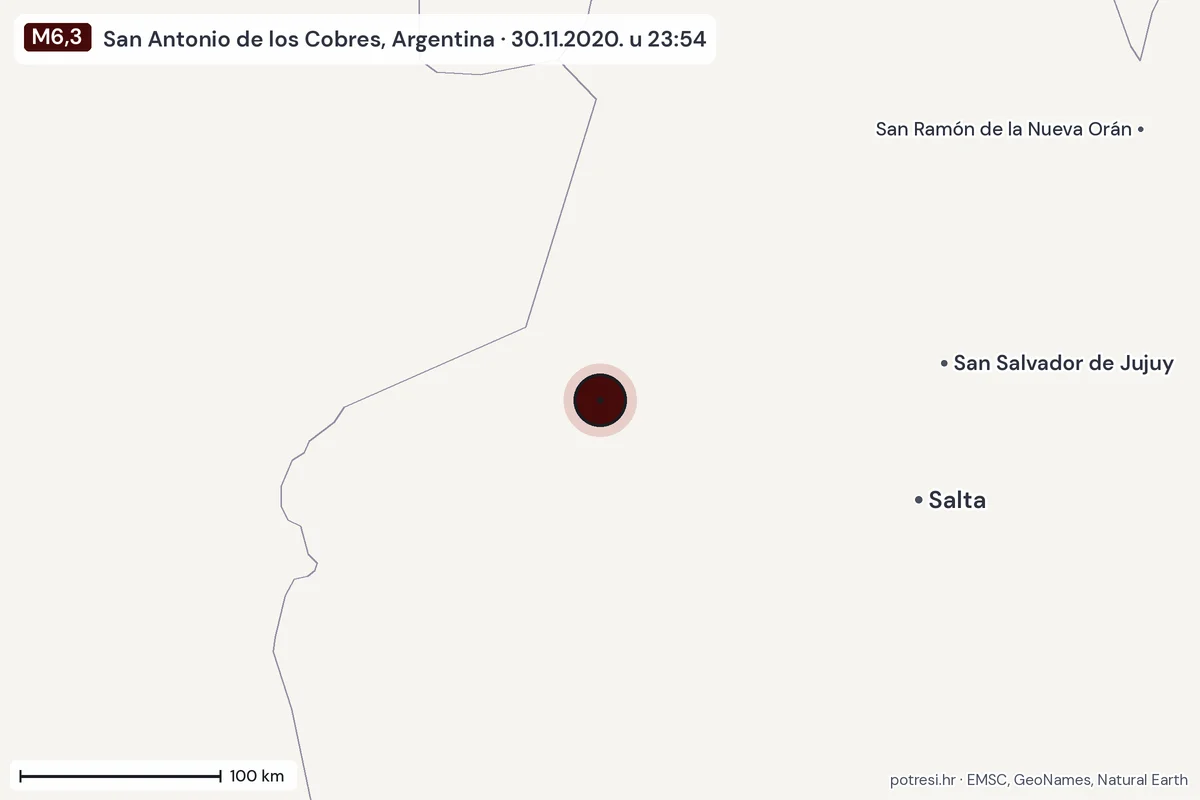 Karta: šire područje, 600 km, potres M6,3, San Antonio de los Cobres, Argentina, 30.11.2020.