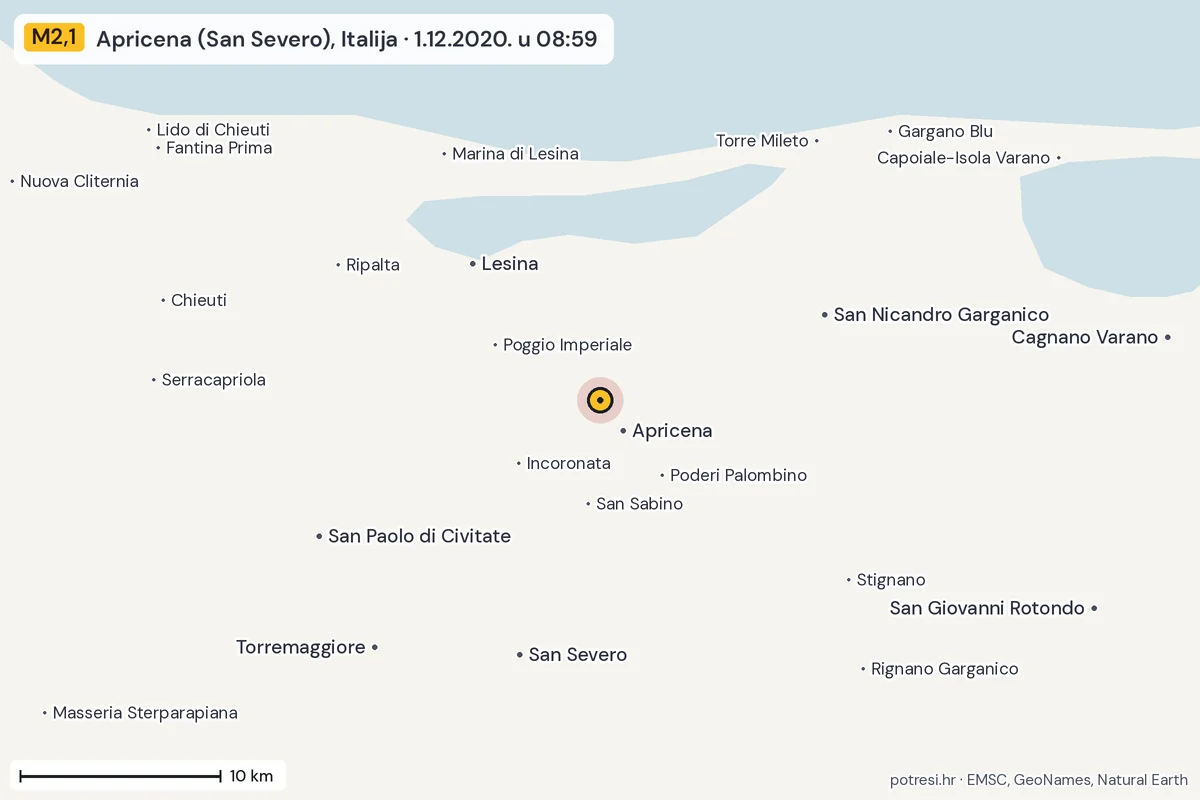 Karta: okolica epicentra, 60 km, potres M2,1, Apricena (San Severo), Italija, 1.12.2020.