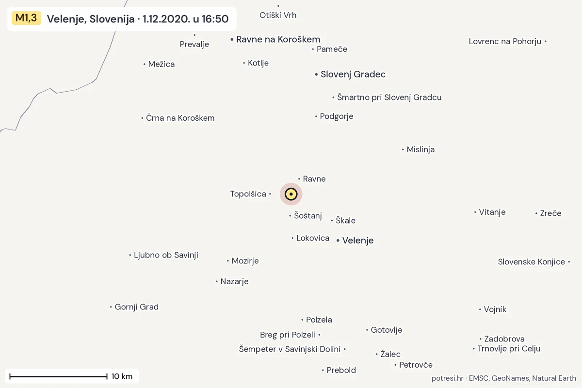 Karta: okolica epicentra, 60 km, potres M1,3, Velenje, Slovenija, 1.12.2020.