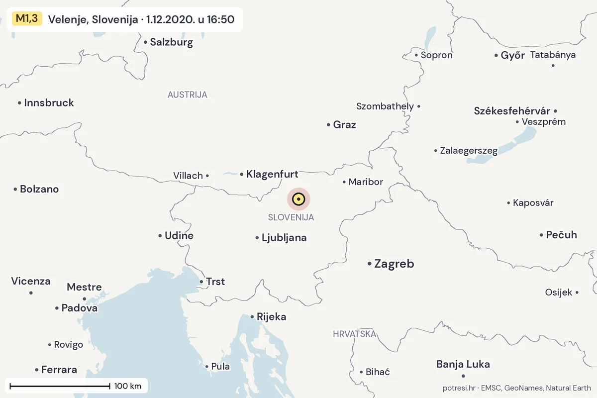 Karta: šire područje, 600 km, potres M1,3, Velenje, Slovenija, 1.12.2020.