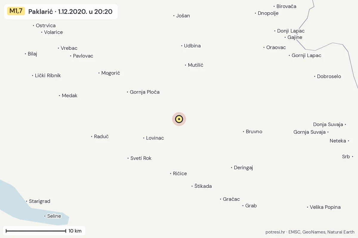 Karta: okolica epicentra, 60 km, potres M1,7, Paklarić, 1.12.2020.